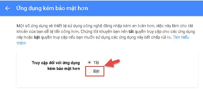 Bật cho phép truy cập <a  data-cke-saved-href='/huong-dan/bat-tinh-nang-cho-phep-truy-cap-tren-ung-dung-kem-bao-mat-de-goi-email-marketing-bang-gmail-t512.html' href='/huong-dan/bat-tinh-nang-cho-phep-truy-cap-tren-ung-dung-kem-bao-mat-de-goi-email-marketing-bang-gmail-t512.html' ><b>ứng dụng kém bảo mật</b></a>
