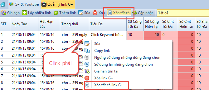 Bổ sung nút xóa tất cả link G, Youtube và Mạng xã hội