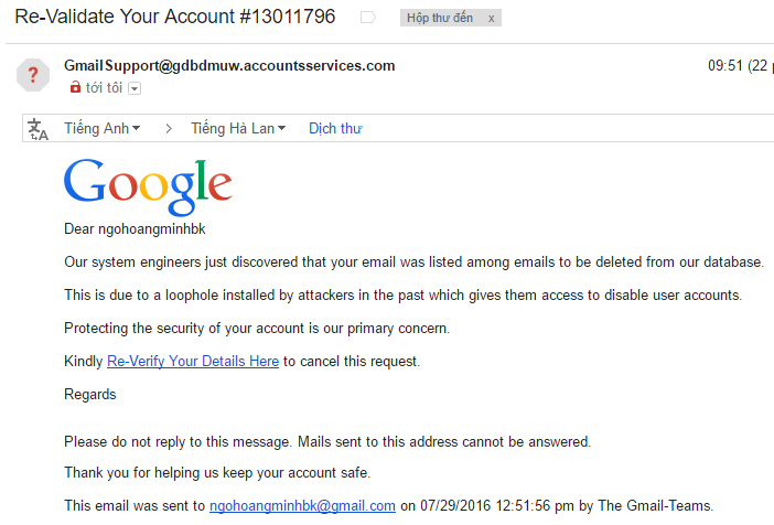 Cảnh báo lừa đảo Gmail