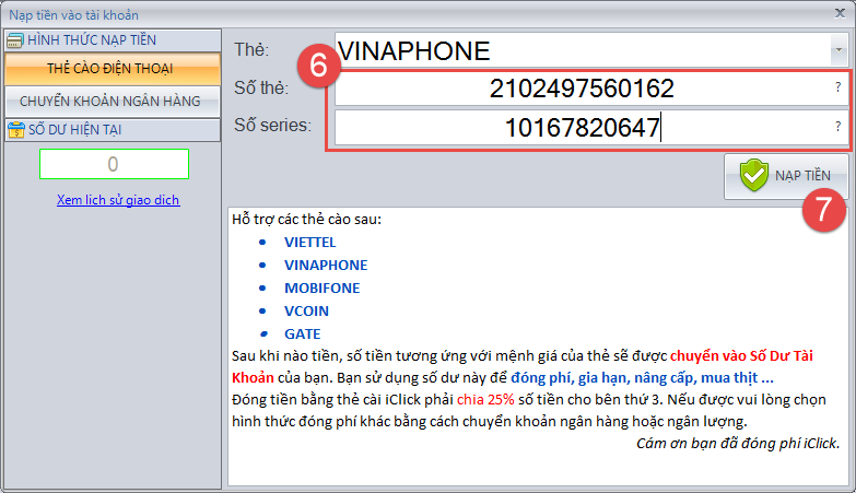 Hướng dẫn cào thẻ nạp vào iClick để đóng phí