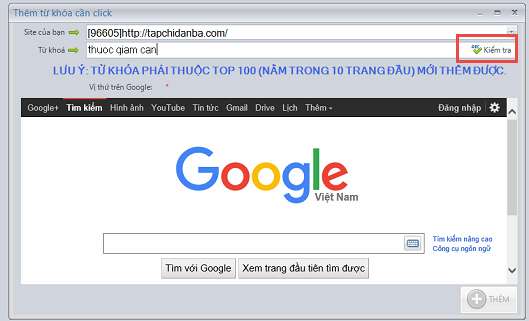 Không tìm được vị trí từ khóa Click Keyword iClick