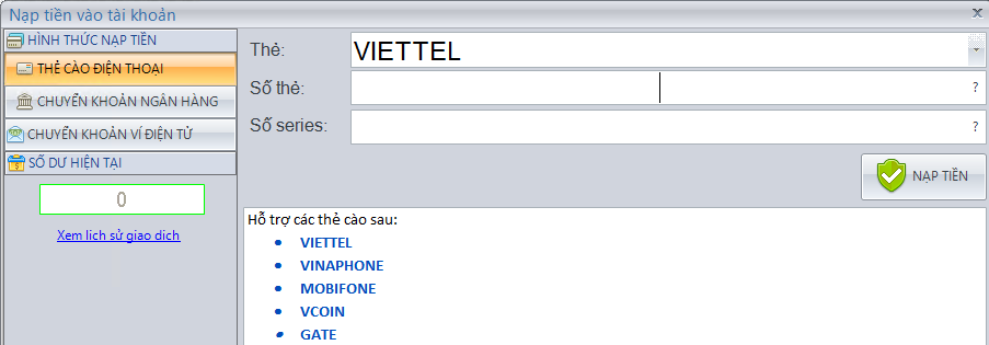 Nạp tiền bằng thẻ cào nhưng không vào