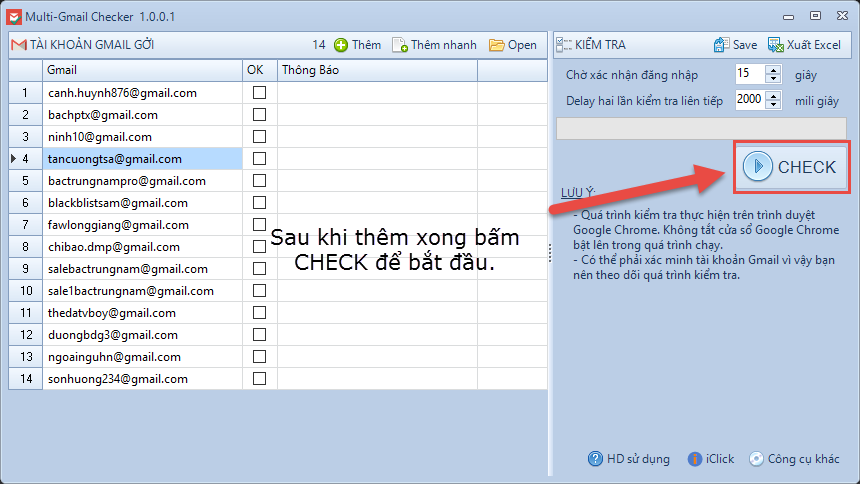 Phần mềm check hoàng loạt gmail sống chết bằng cách đăng nhập Multi-Gmail Checker