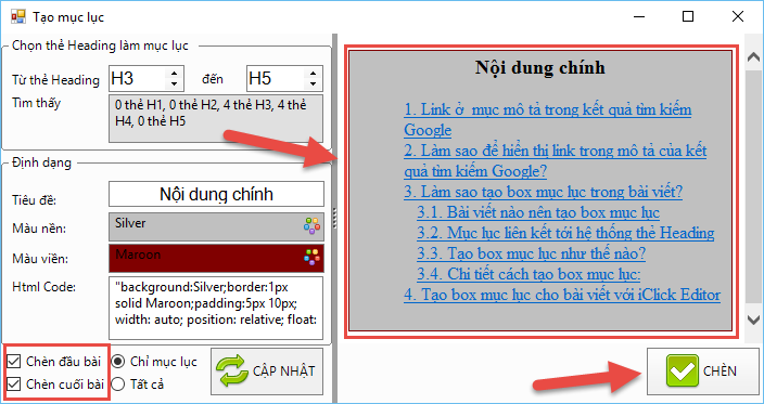 Tạo mục lục bài viết với iClick Editor