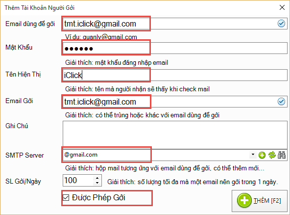 Hướng dẫn nhập tài khoản email dùng để gởi trong Email marketing