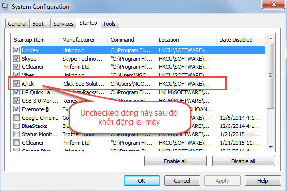 Hướng dẫn tắt khởi động iClick cùng windows