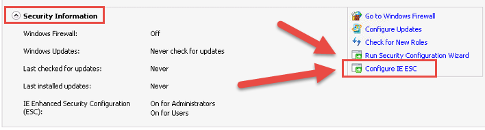 Chọn nhóm Security Information, chọn link Configure IE ESC