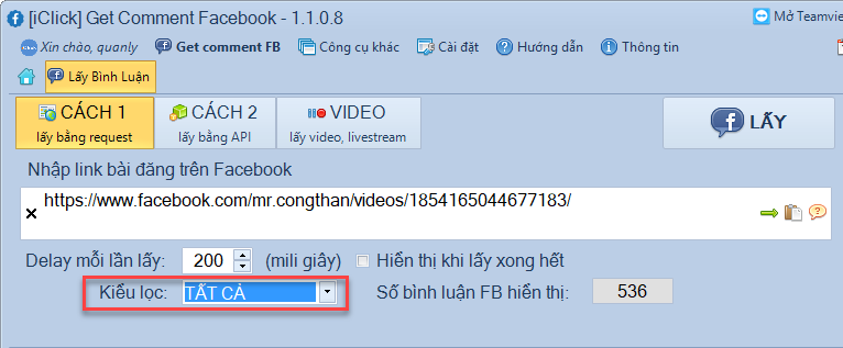Chọn kiểu lọc khi lấy bình luận Facebook bằng request (CÁCH 1)