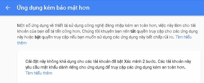 Tắt xác minh 2 bước để bật cho phép truy cập ứng dụng kém bảo mật với Gmail để gửi email marketing iClick
