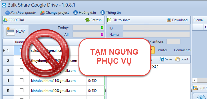 Bulk Share Google Drive gửi email bị chặn vì vậy tạm ngưng để nghiên cứu thêm
