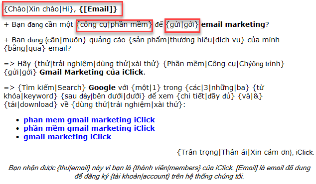 Trộn nội dung và cá nhân hóa nội dung khi gửi email marketing với phần mềm Gmail Marketing iClick