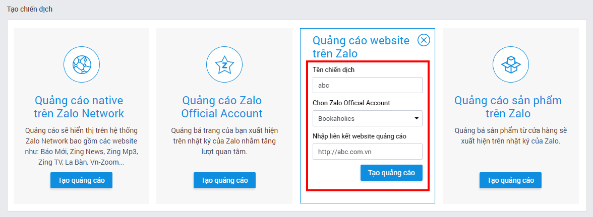 Hướng dẫn quảng cáo website trên Zalo