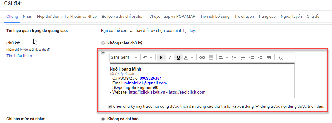 Tạo chữ ký cho Gmail 2018