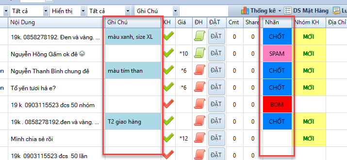 Chốt đơn bằng ghi chú hoặc nhãn bình luận