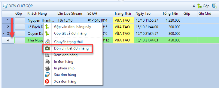 Dồn số lượng cùng một mặt hàng trong đơn hàng