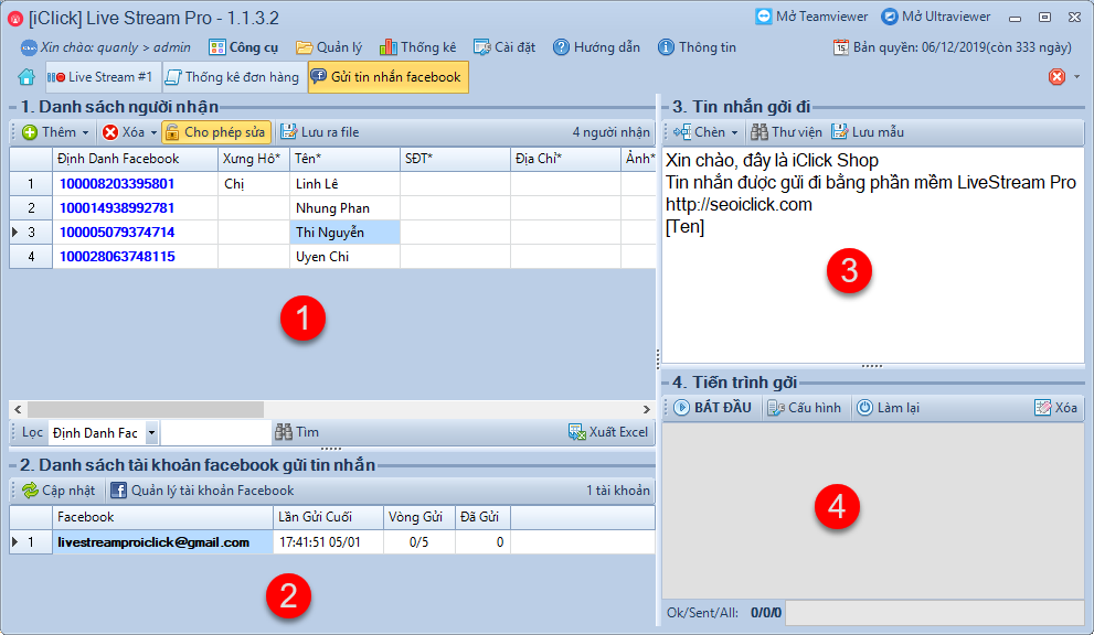 Gửi inbox facebook với phần mềm Livestream Pro