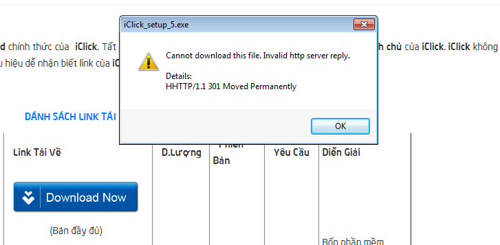Không tải(download) được phần mềm iClick gặp lỗi Invalid http server reply