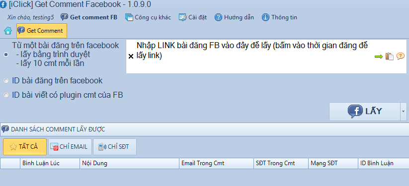 Lọc email từ bình luận facebook