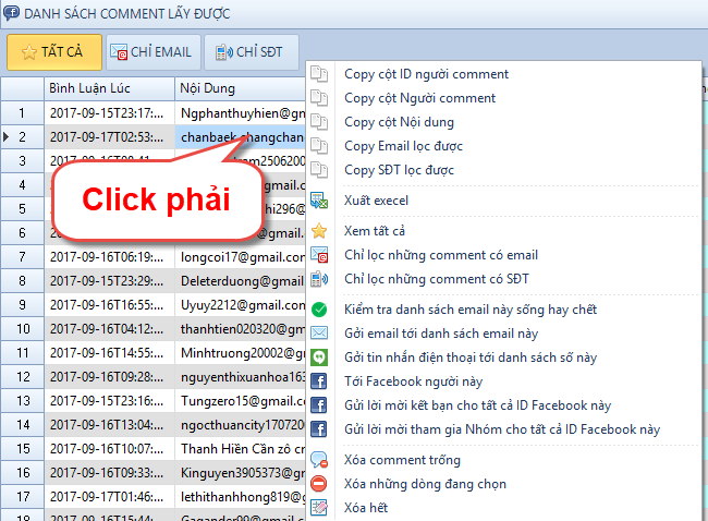 Lọc email từ bình luận facebook