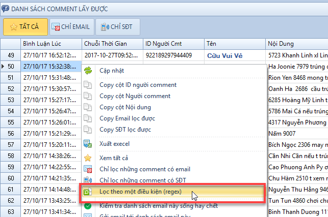 Lọc một cụm từ trong tất cả bình luận Facebook
