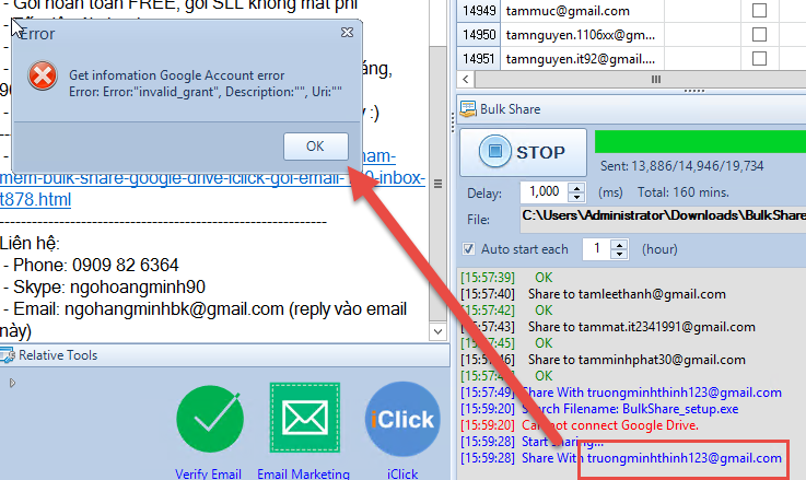 Gặp lỗi trong quá trình kết nối Google Drive bằng phần mềm Bulk Share iClick