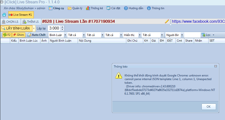 Sửa lỗi không mở được Chrome lấy được bình luận livestream