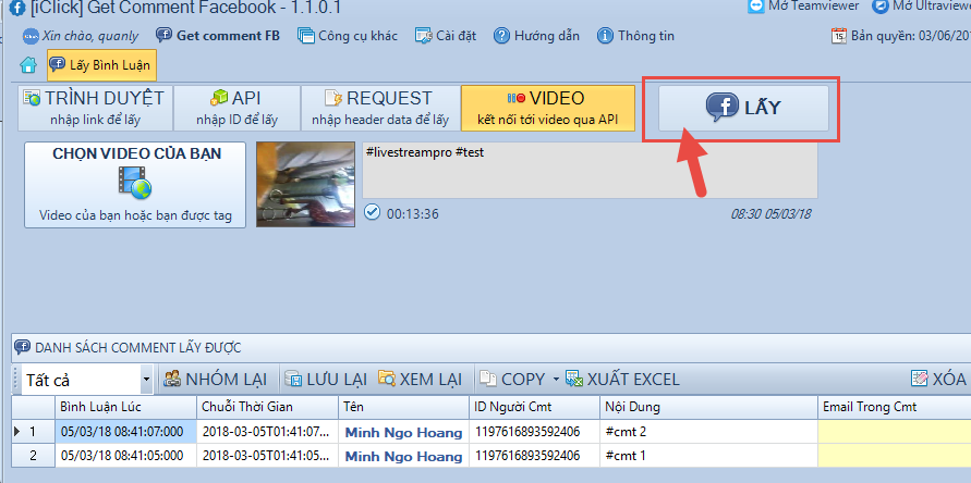 Lấy bình luận real time live stream