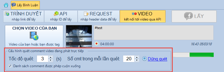 Lấy bình luận real time live stream