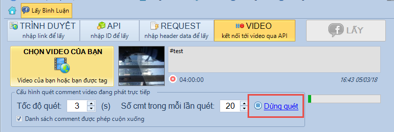 Lấy bình luận real time live stream