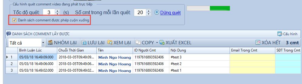 Lấy bình luận real time live stream