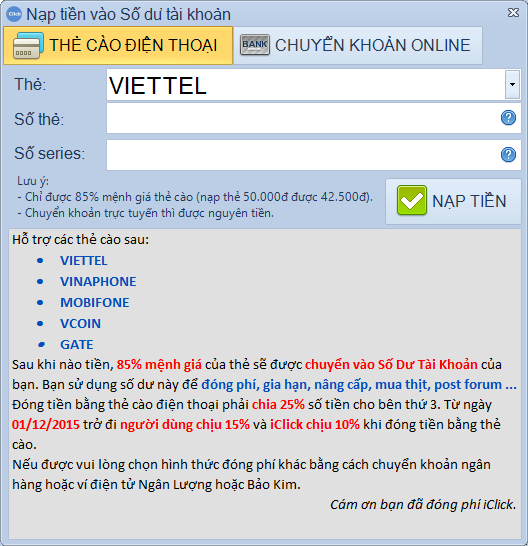 Mua bản quyền, thanh toán, nâng cấp, gia hạn iClick