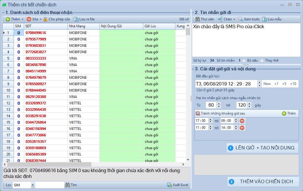 Hướng dẫn lên chiến dịch gửi SMS hẹn giờ với phần mềm SMS Pro