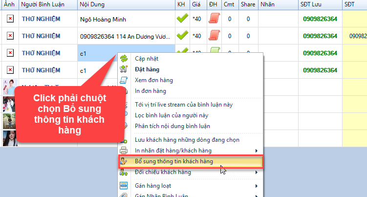 Bổ sung thông tin khách hàng từ nội dung bình luận như SĐT, Địa Chỉ, Tên Khách Hàng