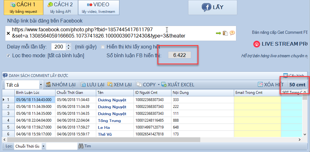 Phần mềm Get Comment Facebook chỉ lấy được 50 bình luận
