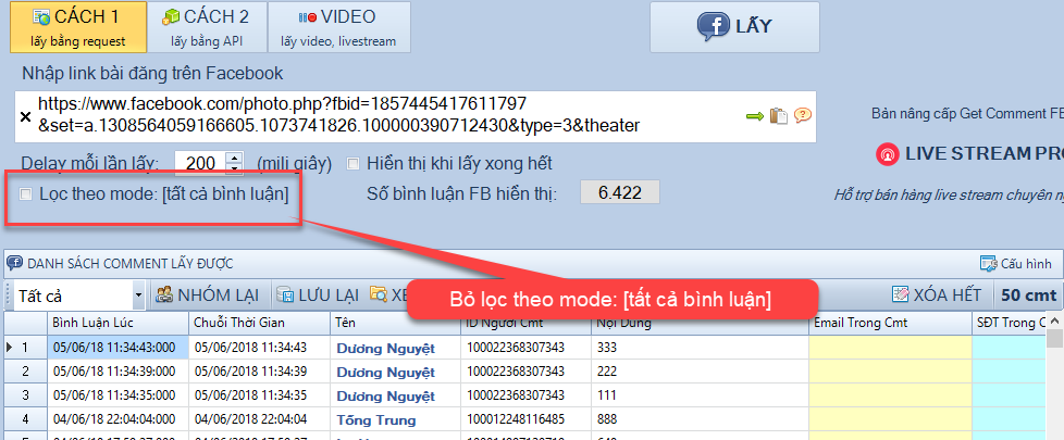 Phần mềm Get Comment Facebook không lấy đủ bình luận