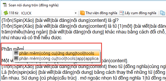 Phần mềm Spin Content Spin Edtior của iClick Editor