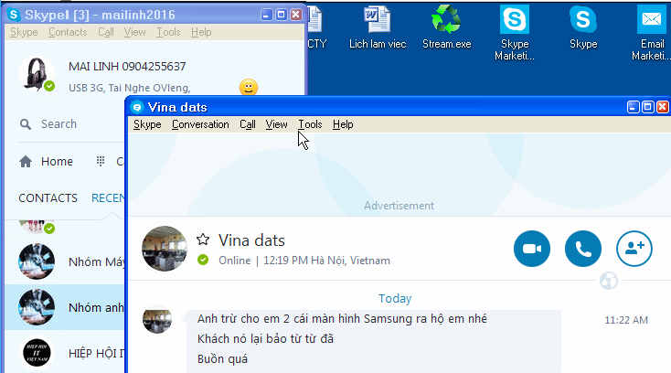 Skype mở nhiều cửa số nên không chạy được phần mềm quảng cáo Skype Marketing iClick