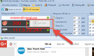 Nút bắt đầu không sáng lên khi đăng nhập email lạ vào Gmail trong công cụ Seo G+, Youtube, Location