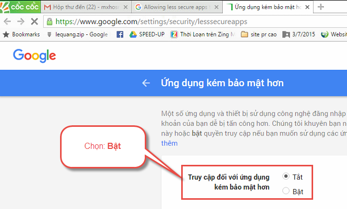 Bật tính năng cho phép truy cập trên ứng dụng kém bảo mật để gởi email marketing bằng Gmail