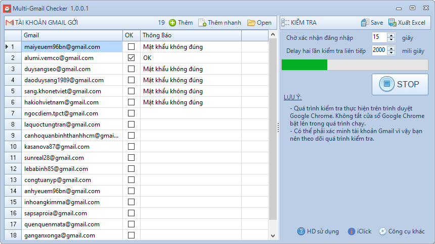 Phần mềm kiểm tra danh sách tài khoản gmail và mật khẩu Multi-Gmail Checker