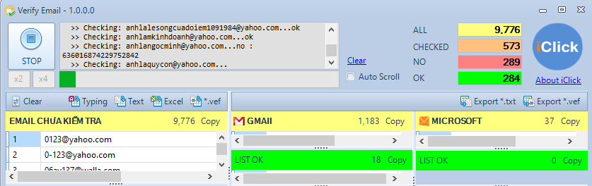 Công cụ lọc email mới nhất. Lọc được danh sách yahoo mail.