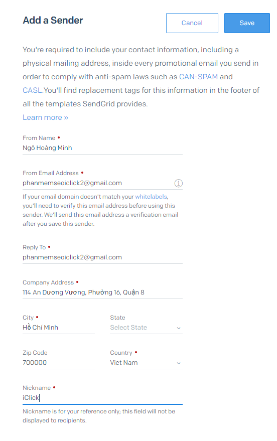Tạo tài khoản gửi của SendGrid