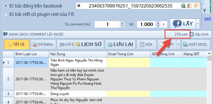 Xuất bình luận Fb ra excel